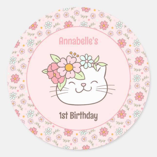 Pegatina Redonda Kitten Kitty Cute Cat Chica Rosa Primer Cumpleaños (Anverso)
