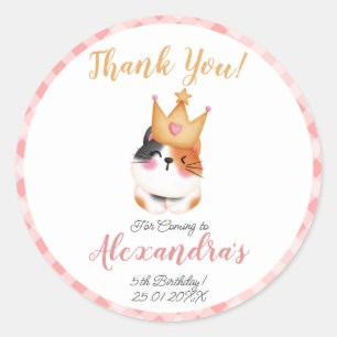 Pegatina Redonda Kitten Meow Chica de la Corona Rosa Kitty Cat Cump