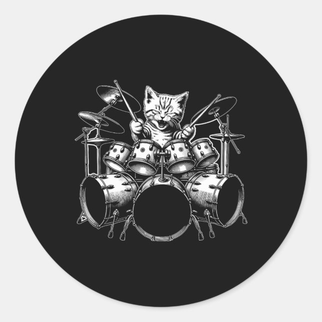 Pegatina Redonda Kitten Rock Band Funny Gato Drummer Kitty Jugando  (Anverso)