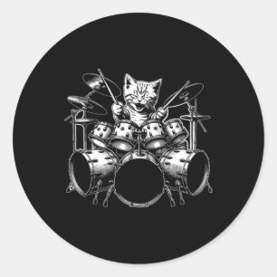 Pegatina Redonda Kitten Rock Band Funny Gato Drummer Kitty Jugando 