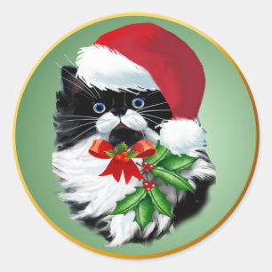 Pegatina Redonda Kitty Tuxedo en Navidad
