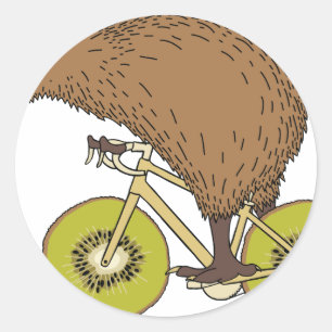 Pegatina Redonda Kiwi Montando En Bicicleta Con Ruedas Kiwi