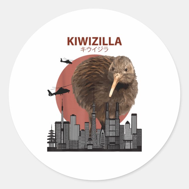 Pegatina Redonda Kiwizilla Funny Kiwi _ New Zealand Bird Lovers Gif (Anverso)