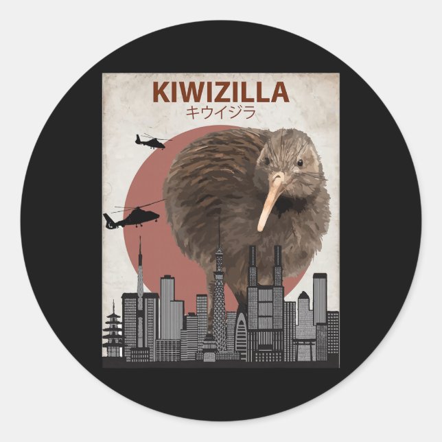 Pegatina Redonda Kiwizilla Funny Kiwi New Zealand Bird Lovers Gift  (Anverso)