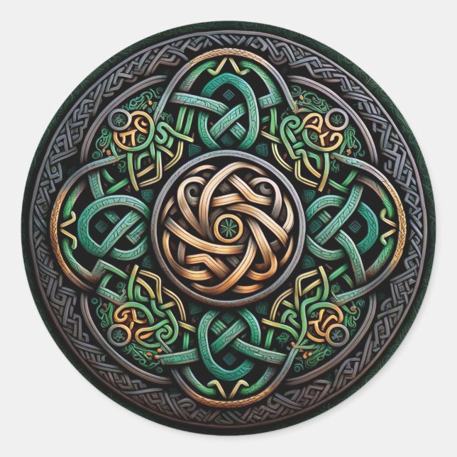 Pegatina Redonda Knot Celtic Green Gold Knotwork (Anverso)