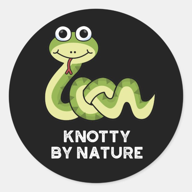 Pegatina Redonda Knotty Por Naturaleza Funny Snake Pun Dark BG (Anverso)