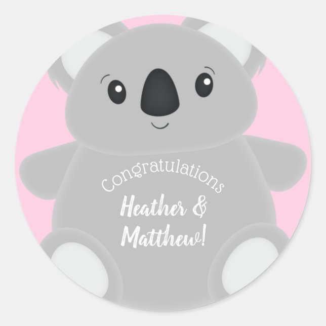 Pegatina Redonda Koala Bear Baby Shower Chica (Anverso)