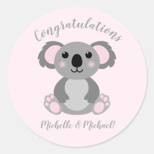 Pegatina Redonda Koala Bear Baby Shower Chica Rosa