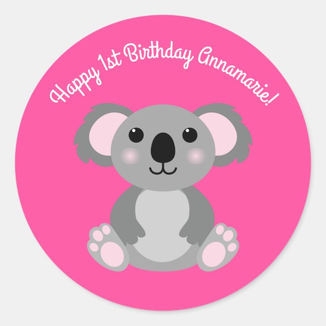 Pegatina Redonda Koala Bear Cute Kid Birday Party (Anverso)