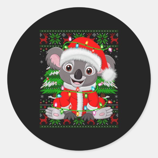 Pegatina Redonda Koala Christmas Lights Santa Costume Ugly Xmas Swe (Anverso)