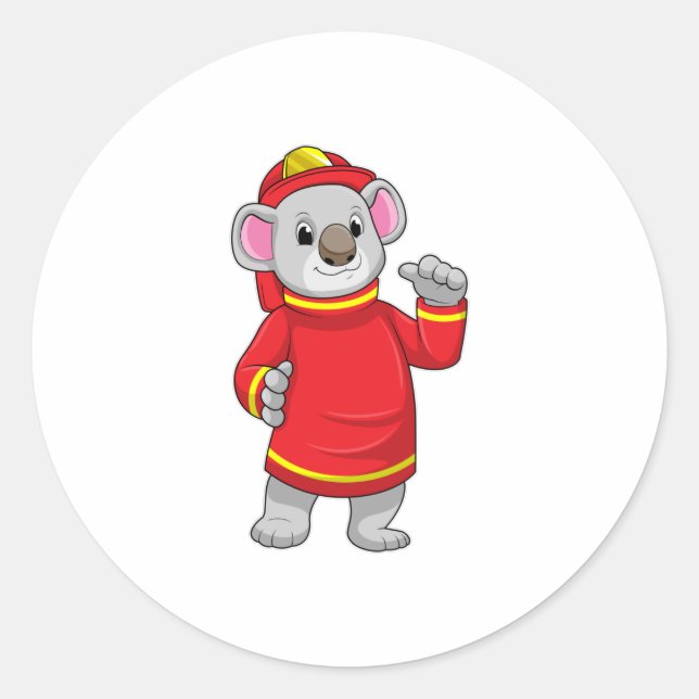 Pegatina Redonda Koala como bombero con casco (Anverso)