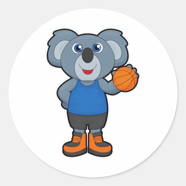 Pegatina Redonda Koala como jugador de baloncesto con baloncesto (Anverso)