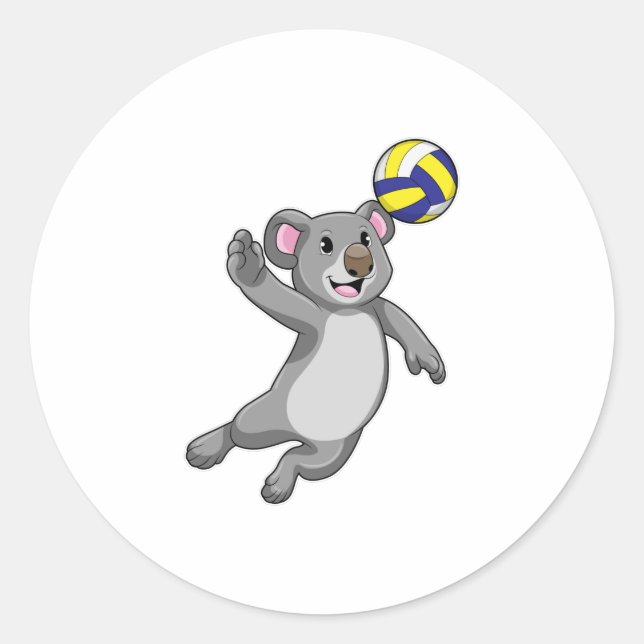 Pegatina Redonda Koala como jugador de voleibol con voleibol (Anverso)