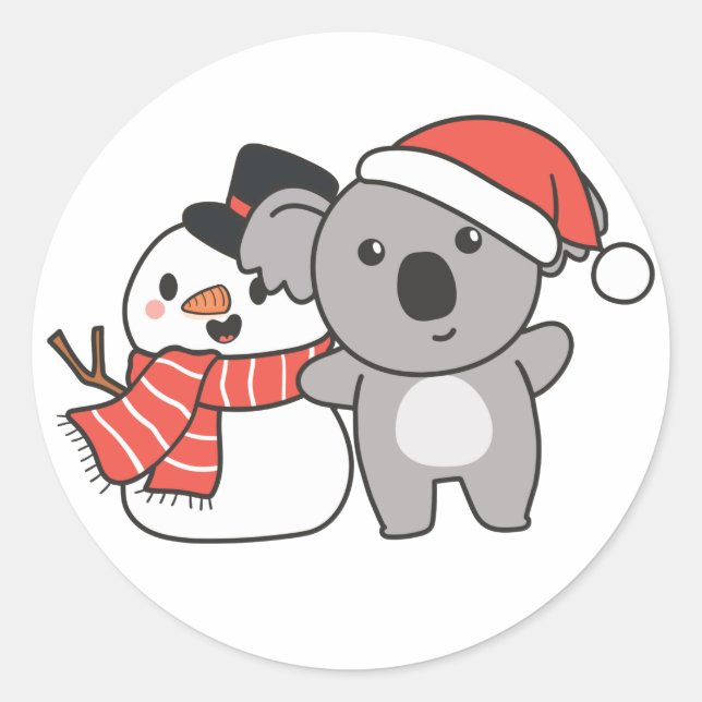 Pegatina Redonda Koala Con Snowman En Invierno Para Navidades Clási (Anverso)