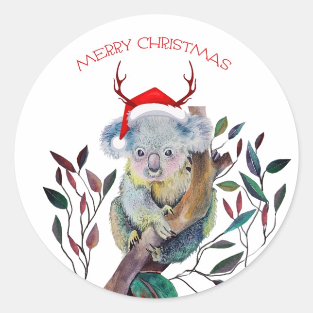 Pegatina Redonda Koala de Navidad con sombrero de Santa (Anverso)
