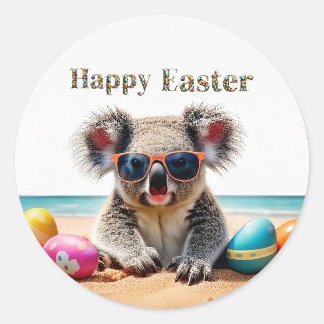 Pegatina Redonda Koala en la playa con huevos de Pascua Feliz Pascu (Anverso)