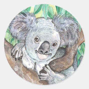 Pegatina Redonda Koala en pintura de árboles de eucalipto