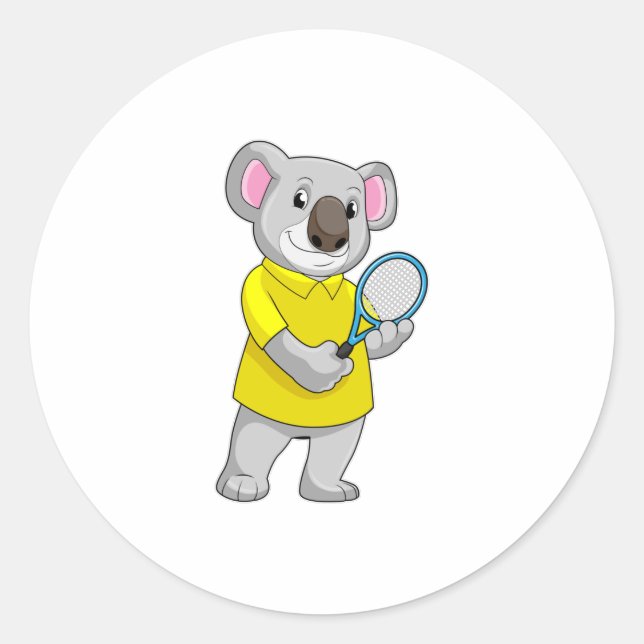 Pegatina Redonda Koala en tenis con raqueta de tenis (Anverso)