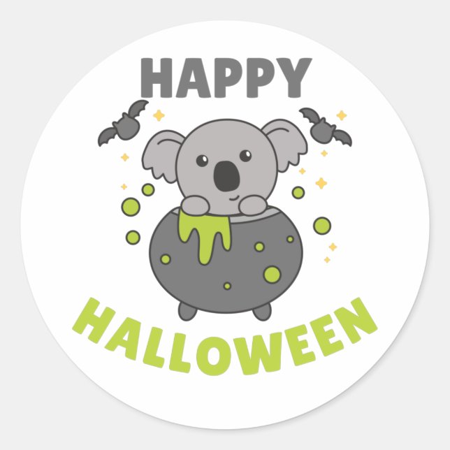 Pegatina Redonda Koala Feliz Halloween Cauldron Bat Classic Round S (Anverso)
