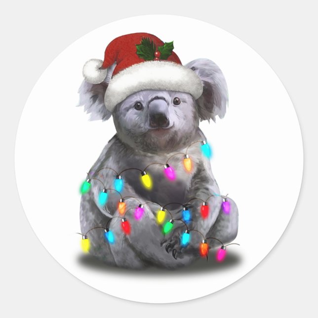 Pegatina Redonda Koala Sentado Con Navidades Enfoca La Temporada De (Anverso)