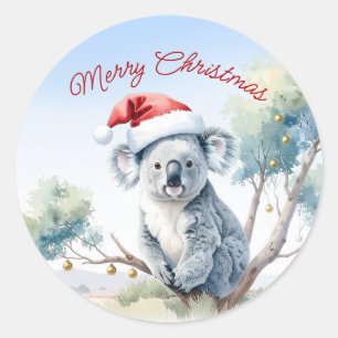 Pegatina Redonda Koala sentado en un eucalipto Feliz Navidad