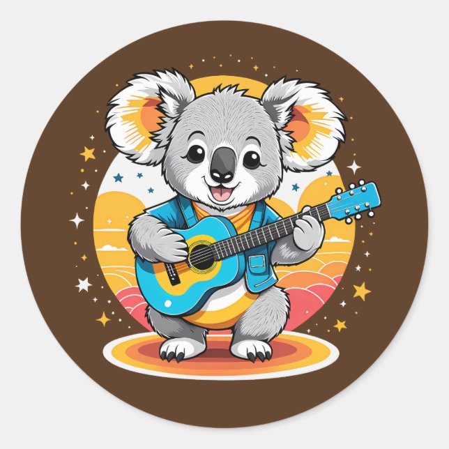 Pegatina Redonda Koala Strumming una guitarra (Anverso)