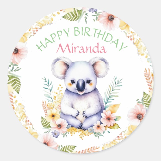 Pegatina Redonda Koala tiene cumpleaños temática personalizado (Anverso)