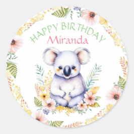 Pegatina Redonda Koala tiene cumpleaños temática personalizado