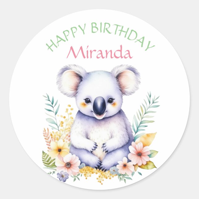 Pegatina Redonda Koala Tuvo Feliz Cumpleaños A Chicas Temáticos (Anverso)