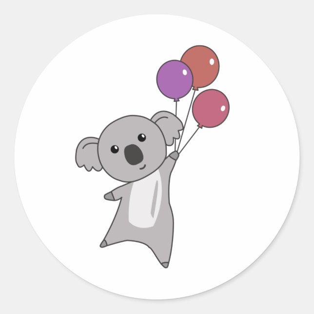Pegatina Redonda Koala vuela con globos dulces niños animales (Anverso)