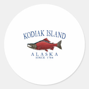 Pegatina Redonda Kodiak Island Alaska Salmón Desde 1784 Azul Marino