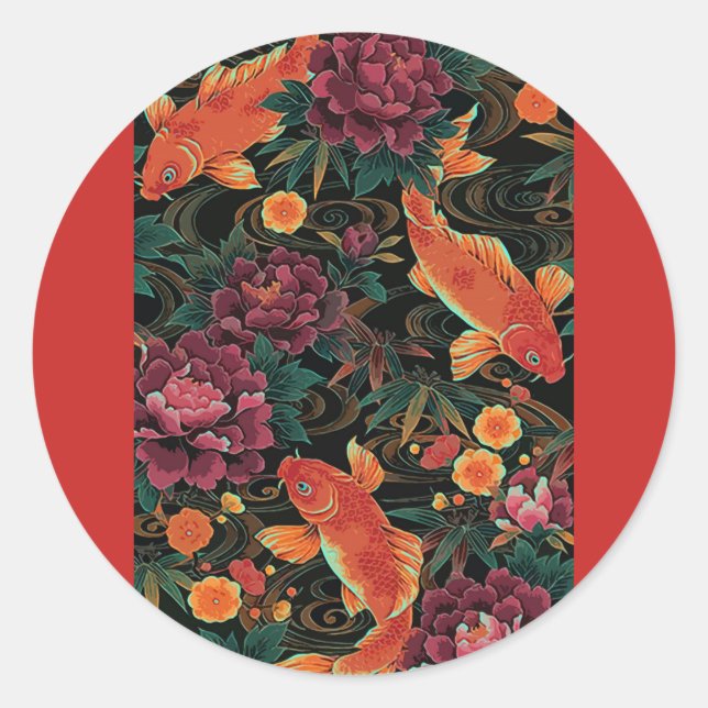 Pegatina Redonda Koi y Peonies (Anverso)