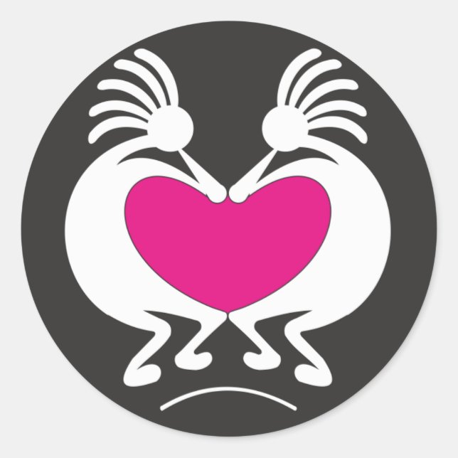 Pegatina Redonda Kokopelli con corazón rosa (Anverso)