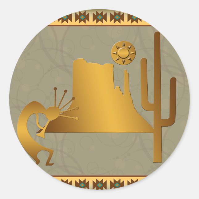 Pegatina Redonda Kokopelli Mesa & Cactus Set #2 (Anverso)