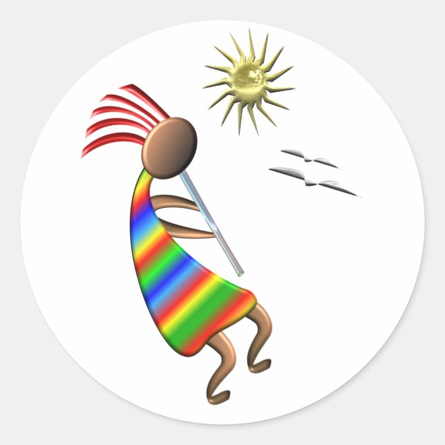 Pegatina Redonda Kokopelli Sun y pájaros (Anverso)