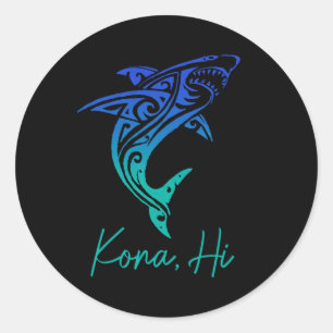 Pegatina Redonda Kona Hawái Tiburón Buceo Pesca Surf Surfista Ha