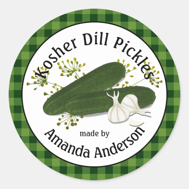 Pegatina Redonda Kosher Dill Pickles Plaid 3" (Anverso)