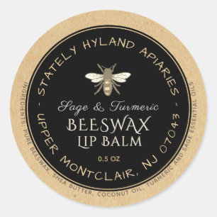 Pegatina Redonda Kraft & Black Handwritten Beeswax Lip Balm Label