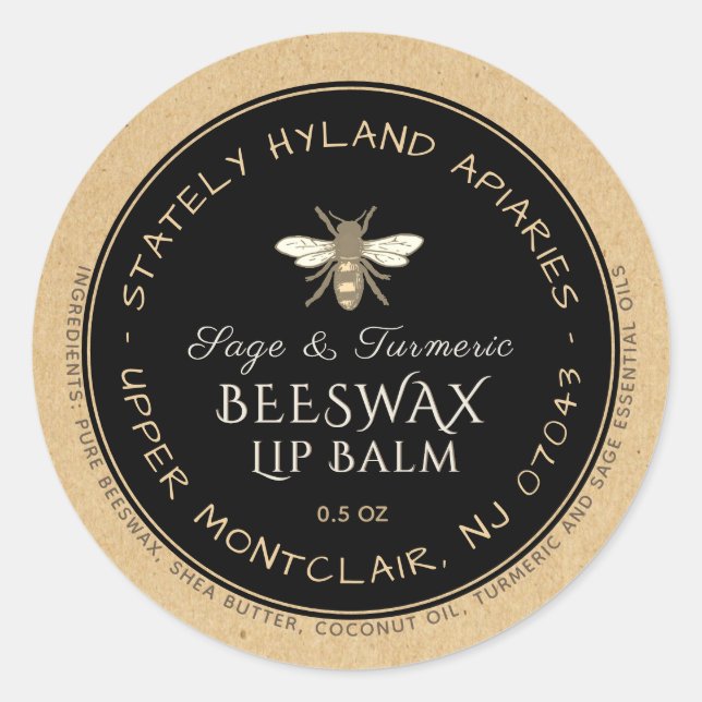 Pegatina Redonda Kraft & Black Handwritten Beeswax Lip Balm Label (Anverso)