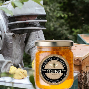 Pegatina Redonda Kraft Black Honey Jar Vintage Abeja Hecho Con Amor