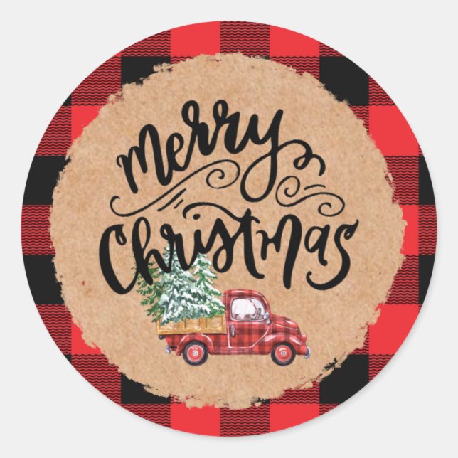 Pegatina Redonda Kraft Buffalo Plaid Script Christmas Holiday Truck (Anverso)