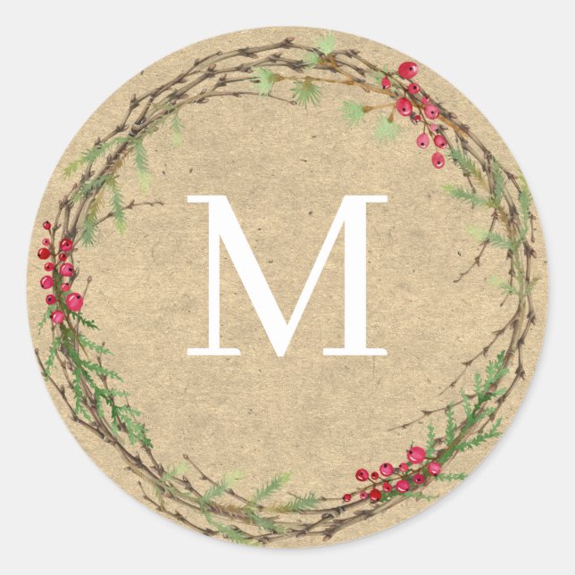 Pegatina Redonda Kraft Christmas Wreath Monogram Seal (Anverso)