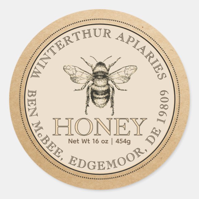 Pegatina Redonda Kraft Honey Jar Vintage Bee Label (Anverso)