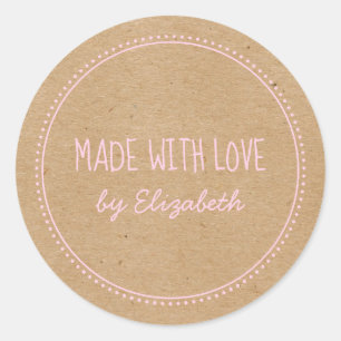 Pegatina Redonda Kraft Rústico Hecho Con Amor Escrito A Mano