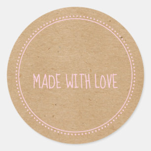 Pegatina Redonda Kraft Rústico Hecho Con Amor Escrito A Mano