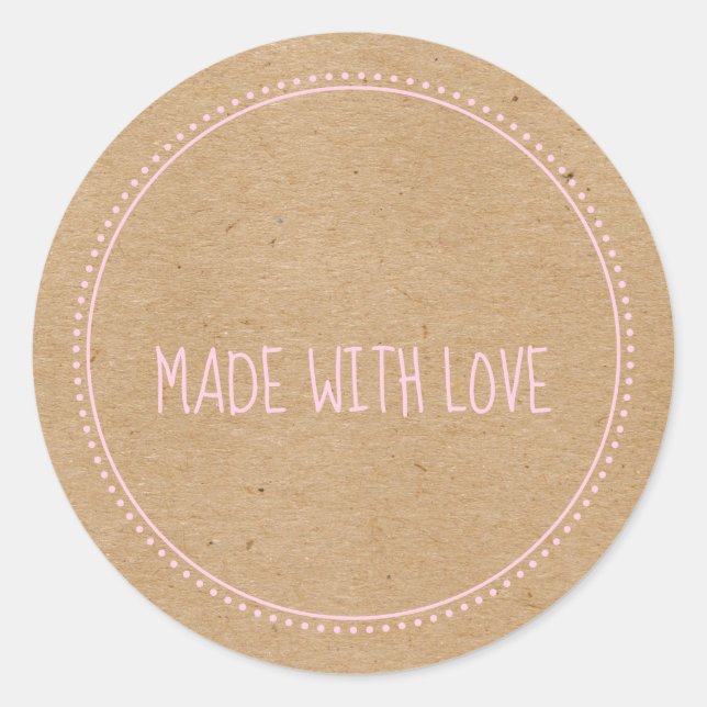 Pegatina Redonda Kraft Rústico Hecho Con Amor Escrito A Mano (Anverso)