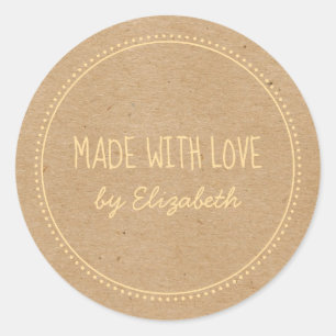 Pegatina Redonda Kraft Rústico Hecho Con Amor Escrito A Mano