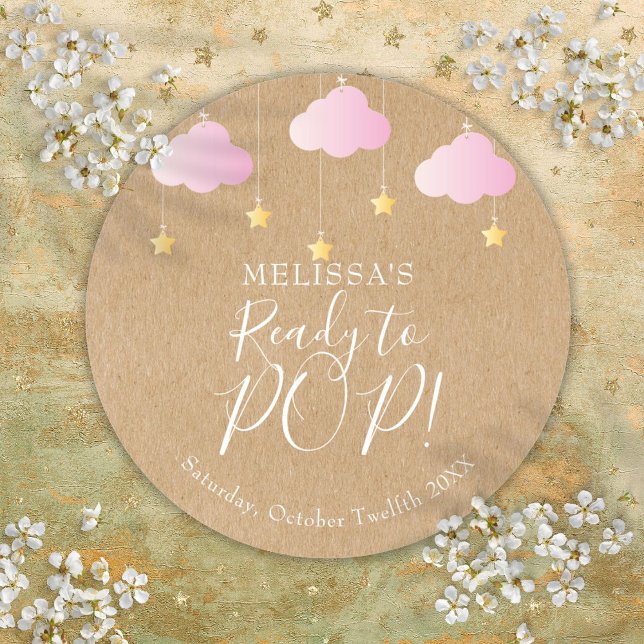 Pegatina Redonda Kraft Rústico Twinkle Twinkle listo para jugar ros (Rustic Kraft Twinkle Twinkle Ready to POP Pink Classic Round Sticker)