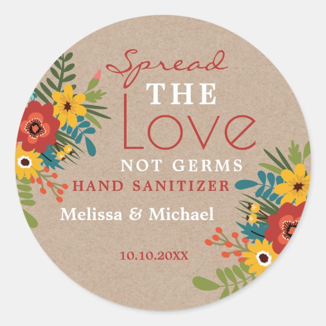 Pegatina Redonda Kraft Spread Love Hand Sanitizer Floral Boda (Anverso)