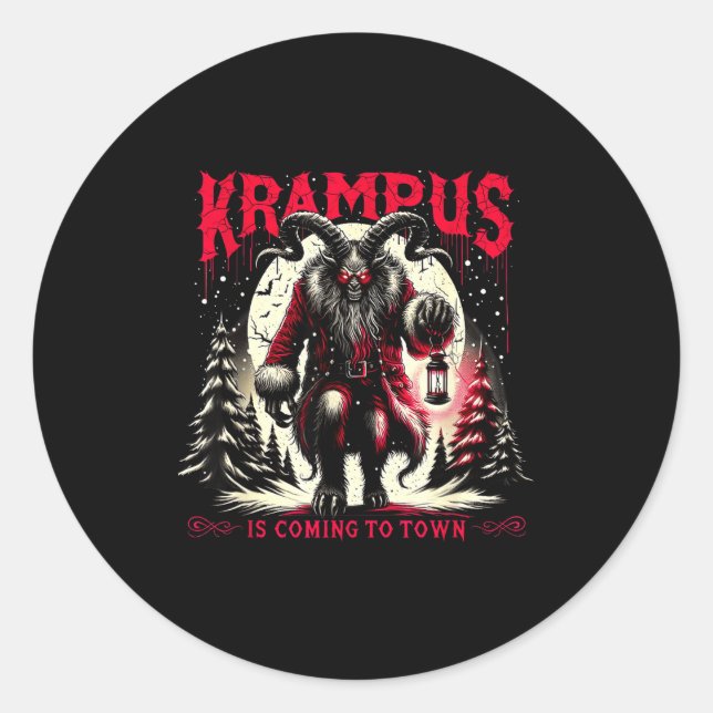 Pegatina Redonda Krampus Is Coming To Town Dark Christmas Horror Xm (Anverso)